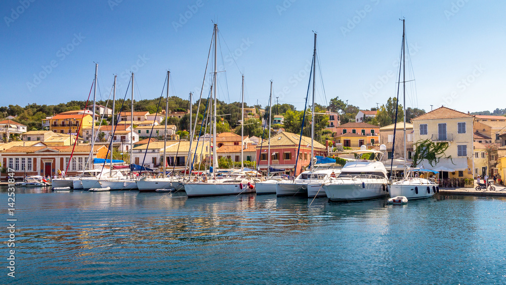 Sailboats in the port of Gaios on Paxos island nearby Corfu, Greece, Europe.