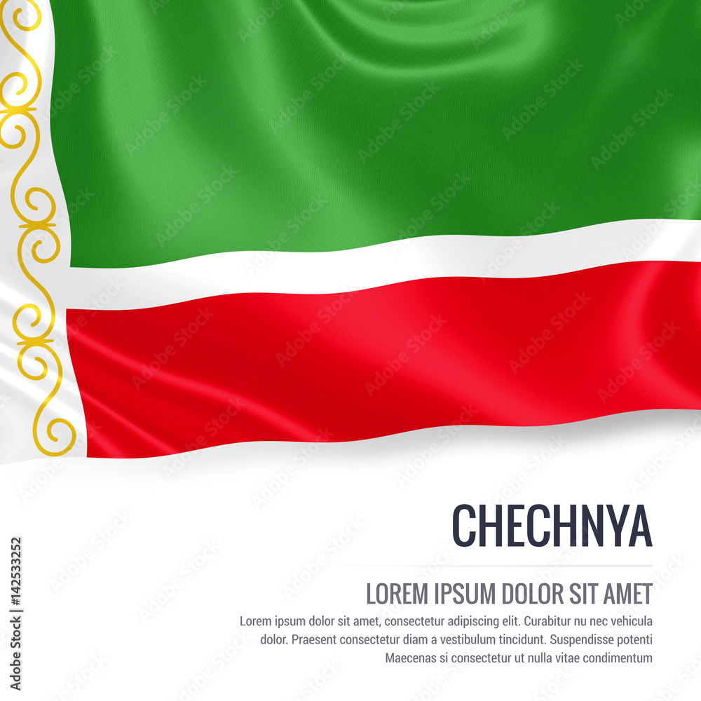 Silky flag of Chechnya waving on an isolated white background with the white text area for your advert message. 3D rendering. Silky flag of Chechnya waving on an isolated white background with the white text area for your advert message. 3D rendering.