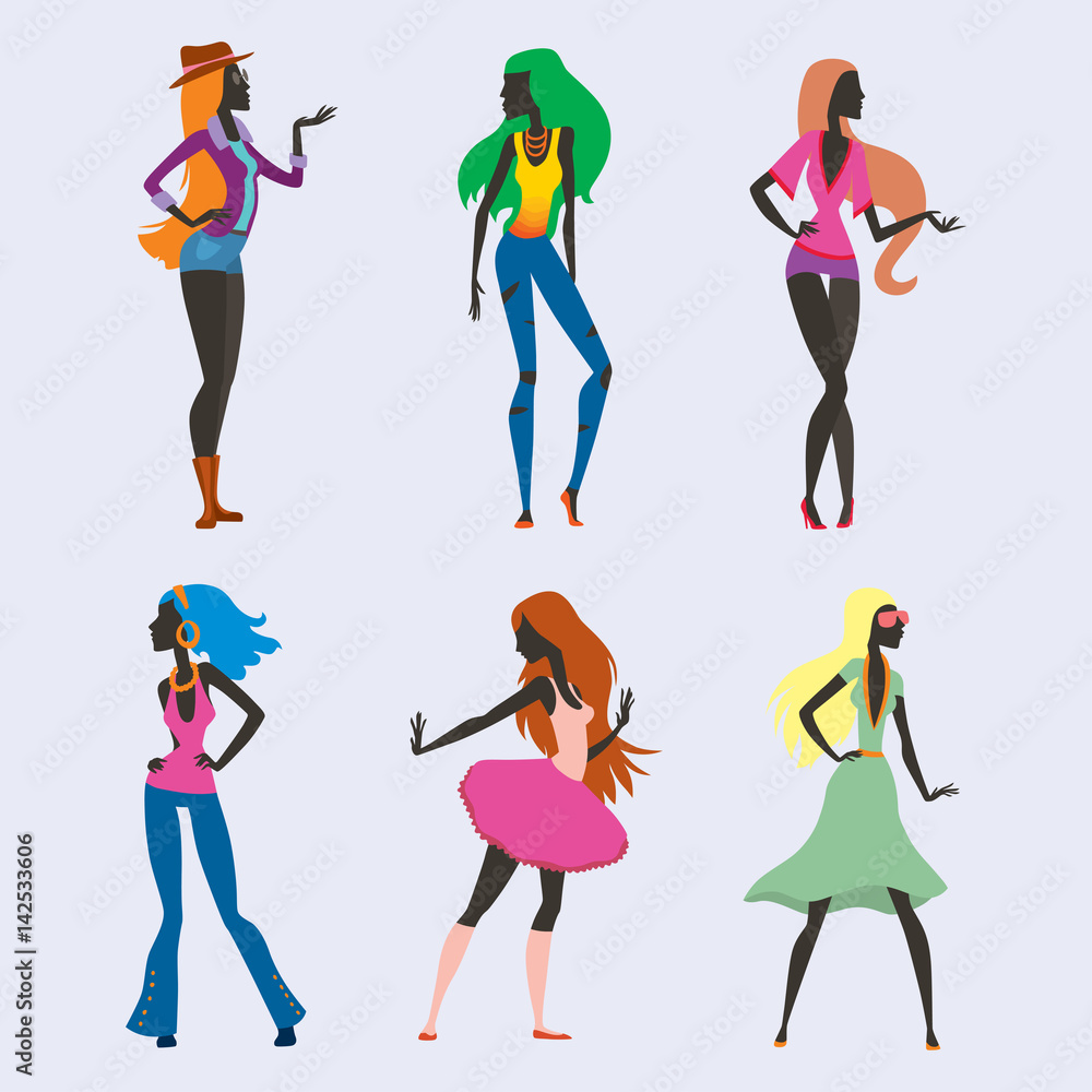 Fototapeta premium Fashion look girl silhouette beautiful girl woman female and pretty, young, model, style, hair, lady character glamour cute vector illustration.