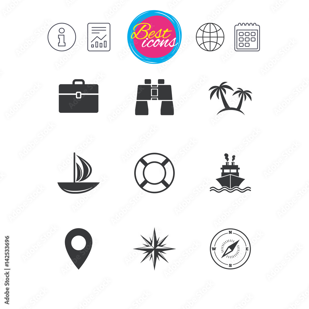 Naklejka premium Cruise trip, ship and yacht icons. Travel signs.