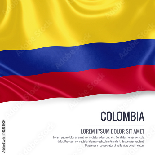 Silky flag of Colombia waving on an isolated white background with the white text area for your advert message. 3D rendering.