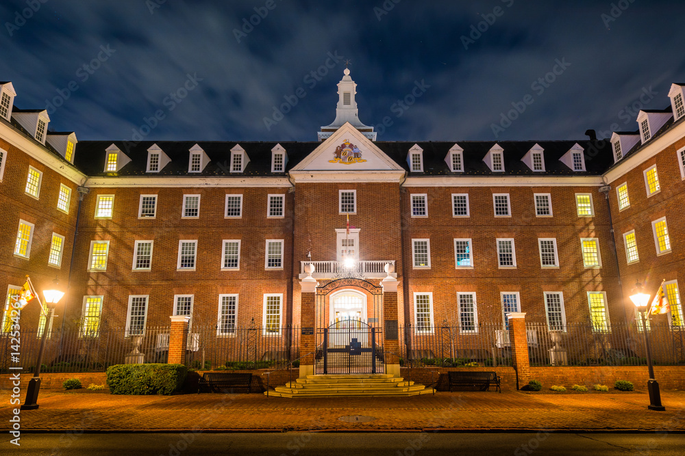 The James Senate Office Building at night, in Annapolis, Maryland.