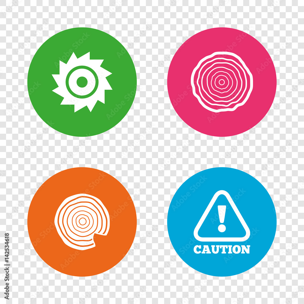 Wood and saw circular wheel icons. Attention. Wood and saw circular wheel icons. Attention.