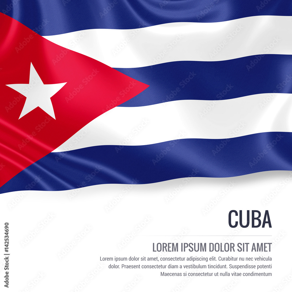 Naklejka premium Silky flag of Cuba waving on an isolated white background with the white text area for your advert message. 3D rendering.
