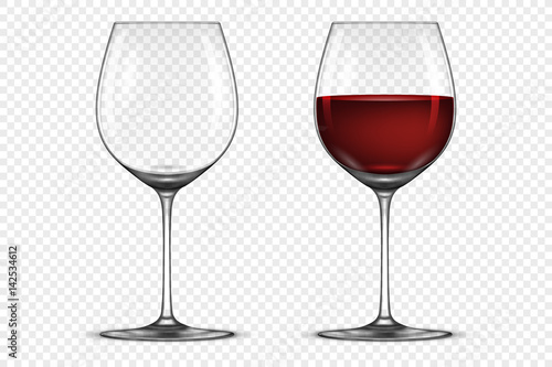 Vector realistic wineglass icon set - empty and with red wine, isolated on transparent background. Design template in EPS10.