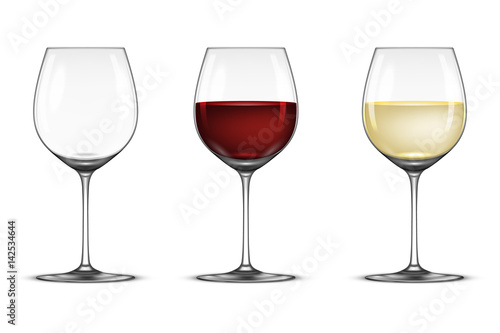 Vector realistic wineglass icon set - empty, with white and red wine, isolated on white background. Design template in EPS10.