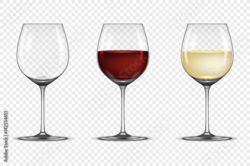 Vector realistic wineglass icon set - empty, with white and red wine, isolated on transparent background. Design template in EPS10.