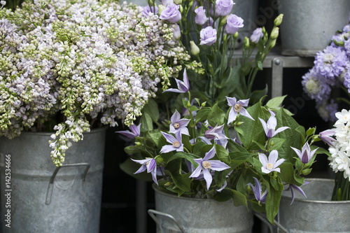 a Lilac bouquets, bells and daffodils are in buckets for sale