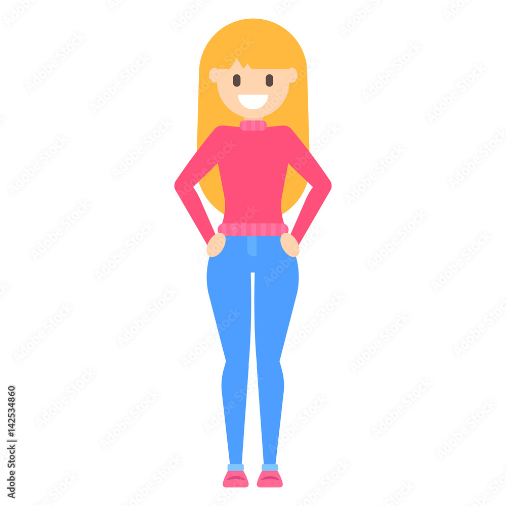 Vector flat cartoon happy young blonde girl is in pose Vector flat cartoon happy young blonde girl is in pose