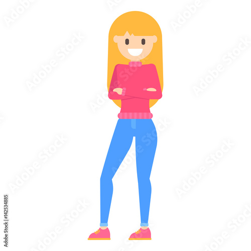 Vector flat cartoon happy young blonde girl is in serious pose