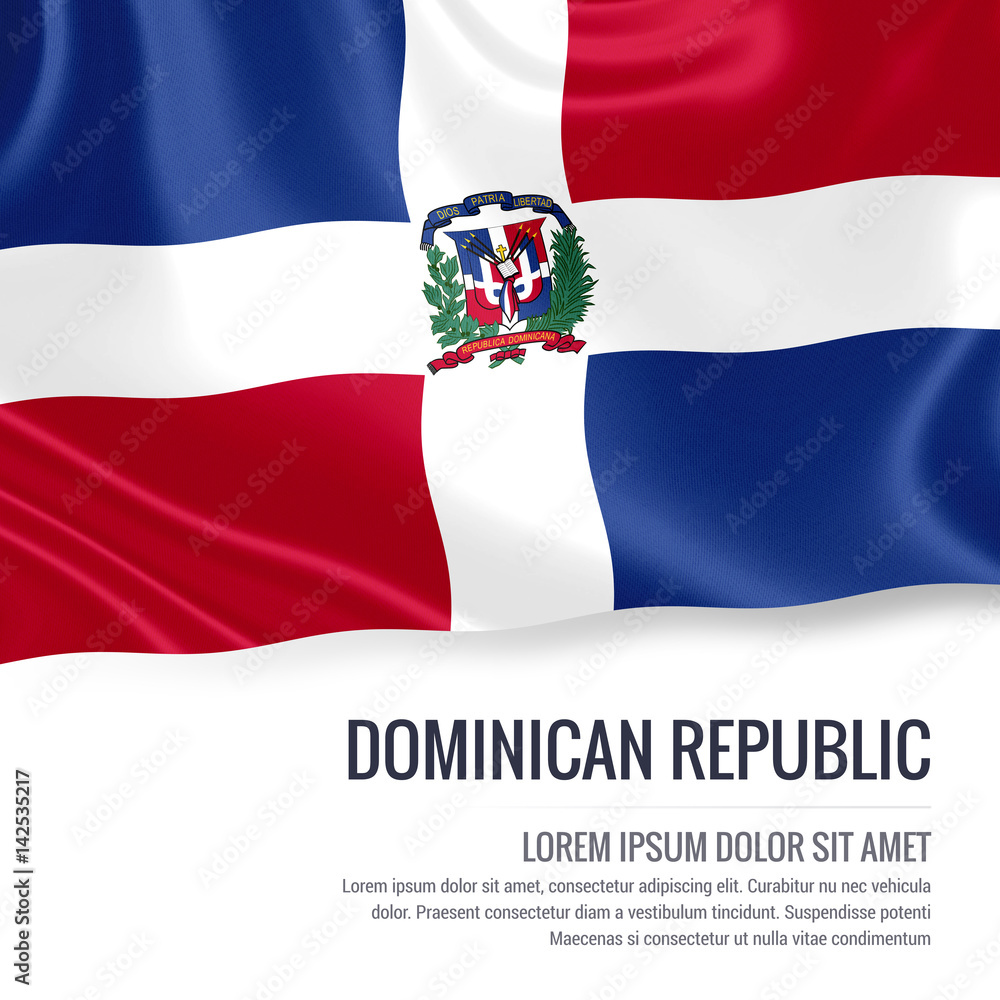 Silky flag of Dominican Republic waving on an isolated white background with the white text area for your advert message. 3D rendering. Silky flag of Dominican Republic waving on an isolated white background with the white text area for your advert message. 3D rendering.