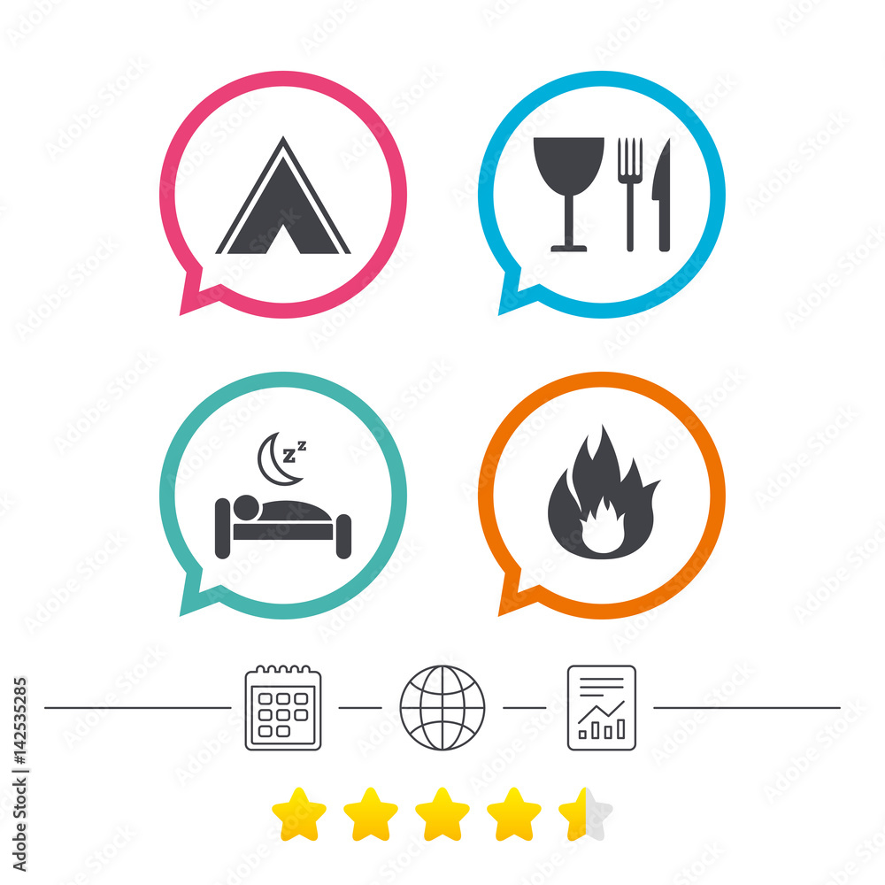Fototapeta premium Food, sleep, camping tent and fire signs.
