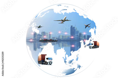 Logistics global transportation concept. Maritime and land transport, air transport on world map background use for import export shipping industry
