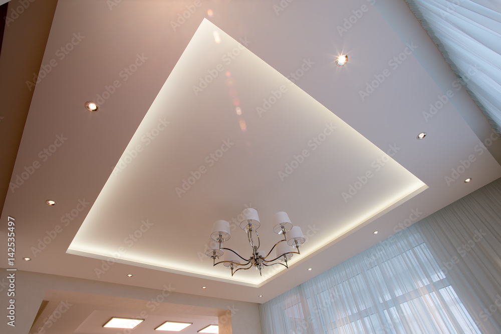 White ceiling illuminated with LED - obrazy, fototapety, plakaty 