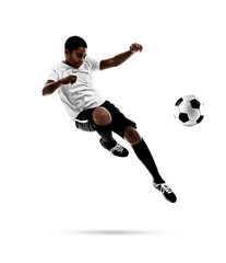 African-American youth football player on white background