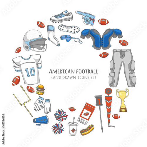 Hand drawn doodle american football set Vector illustration Sketchy sport related icons football elements, ball helmet jersey pants knee thigh shoulder pads cleats field cheerleading down indicator