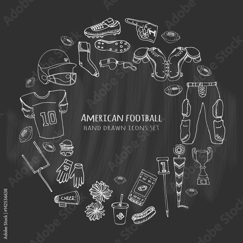 Hand drawn doodle american football set Vector illustration Sketchy sport related icons football elements, ball helmet jersey pants knee thigh shoulder pads cleats field cheerleading down indicator