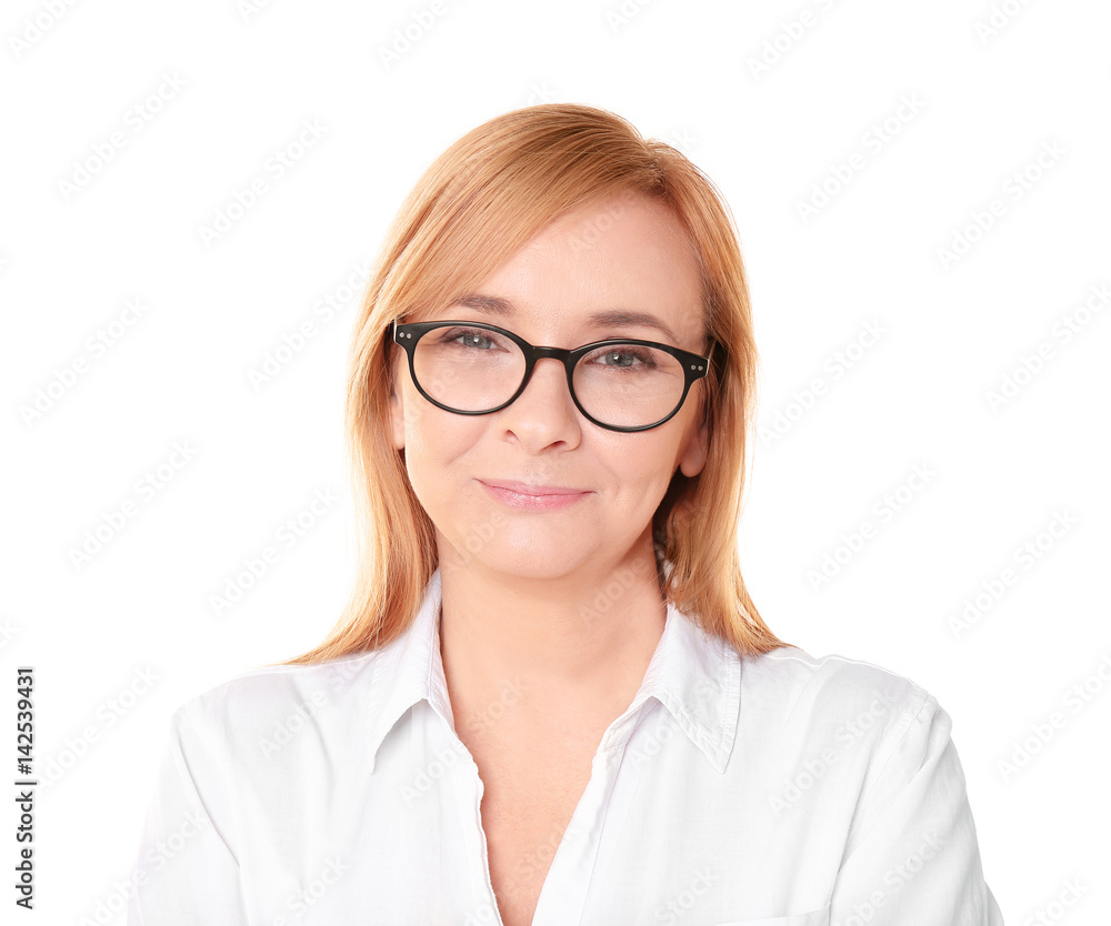 Happy senior woman in eyeglasses on white background