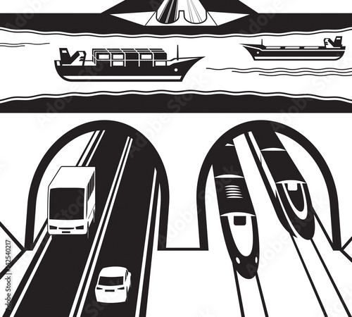 Railway and highway tunnel under water - vector illustration