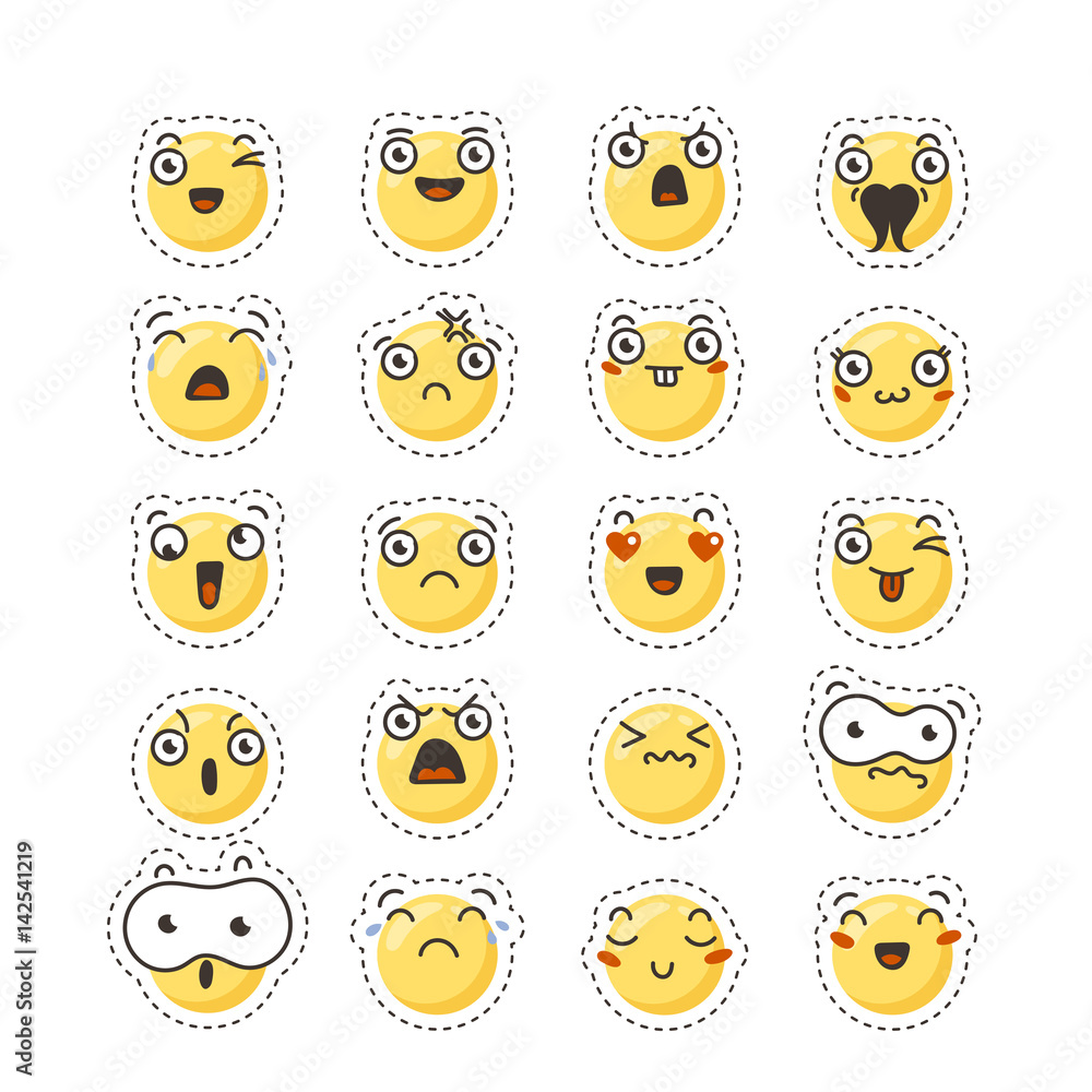 Set of cute lovely kawaii emoticon. Sticker collection.