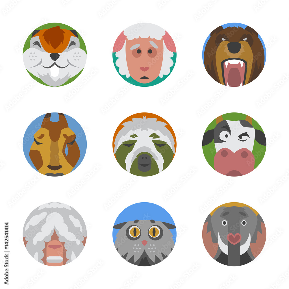 Obraz premium Cute animals emotions icons isolated fun set face happy character emoji comic adorable pet and expression smile collection wild avatar vector illustration.