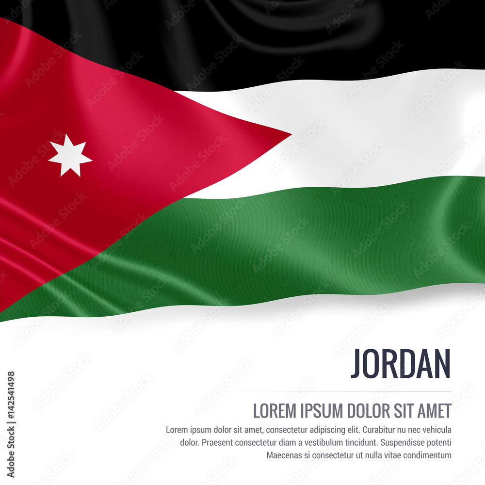 Silky flag of Jordan waving on an isolated white background with the white text area for your advert message. 3D rendering. Silky flag of Jordan waving on an isolated white background with the white text area for your advert message. 3D rendering.