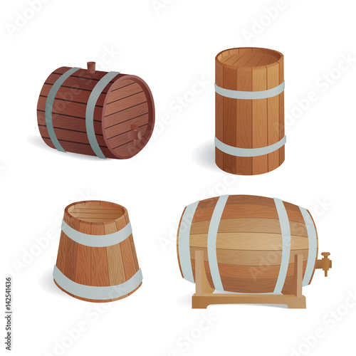 Wooden barrel vintage old style oak storage container and brown isolated retro liquid beverage object fermenting distillery cargo drum lager vector illustration.