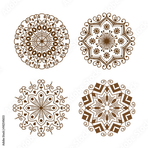 Henna tattoo brown mehndi flower template doodle ornamental lace decorative e...