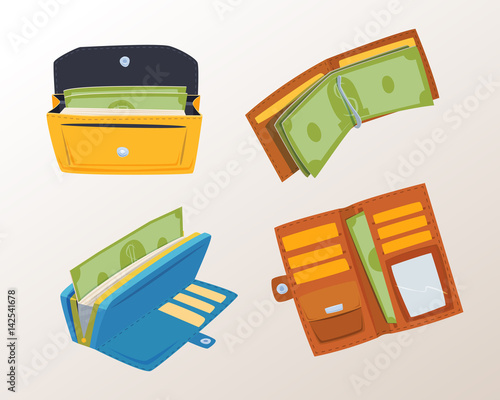Purse wallet with money vector ico for shopping buy business financial payment bag and accessory object trendy cash wealth vector illustration.