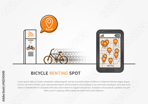 Application to look for bikes vector illustration. Mobile app to search for bicycles free and ready to rent creative concept. Smartphone with map and pins (pointers) graphic design.