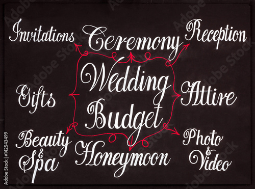 Wedding budget concept diagram handwritten with chalk on blackboard in calligraphy