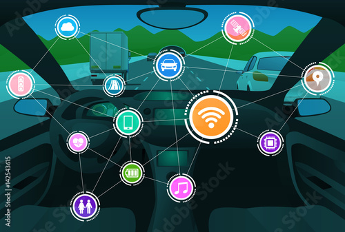vehicle cockpit front view and wireless communication network, autonomous car, intelligent vehicle, connected automobile