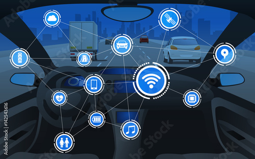 vehicle cockpit front view and wireless communication network, autonomous car, intelligent vehicle, connected automobile