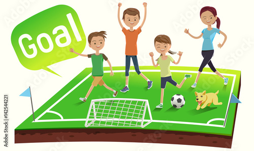 Family show a power at dawn. Soccer in the stadium. Fun Fitness. Enjoy life with parent. Mini football team.