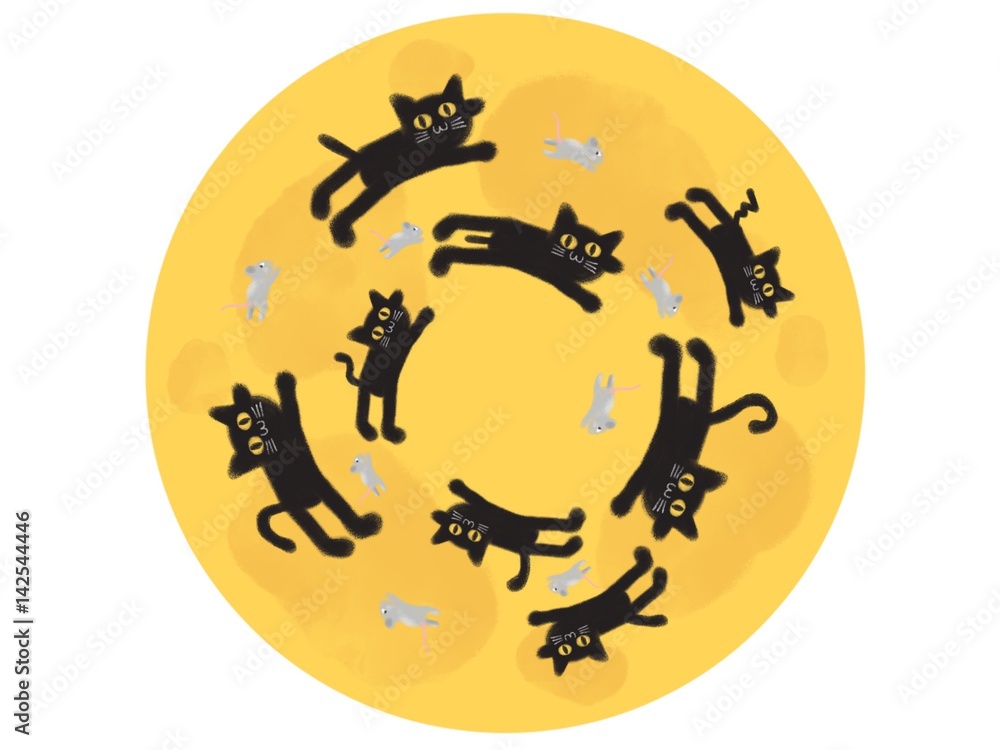 Mouse Chase Cat Over Cheese Moon Cartoon Illustration