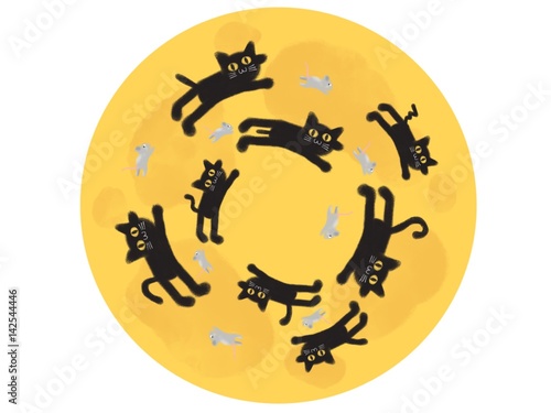 Mouse Chase Cat Over Cheese Moon Cartoon Illustration