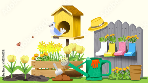 Small garden in back yard. Hello spring. Cute concept style.