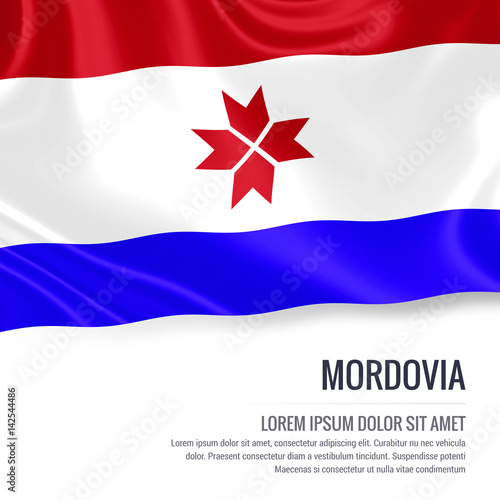 Silky flag of Mordovia waving on an isolated white background with the white text area for your advert message. 3D rendering.