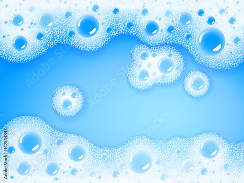 Fototapeta Naklejka Na Ścianę i Meble -  Soap sud. Vector transparent foam on blue water background