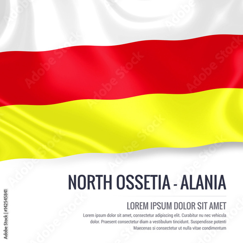 Silky flag of North Ossetia-Alania waving on an isolated white background with the white text area for your advert message. 3D rendering.
