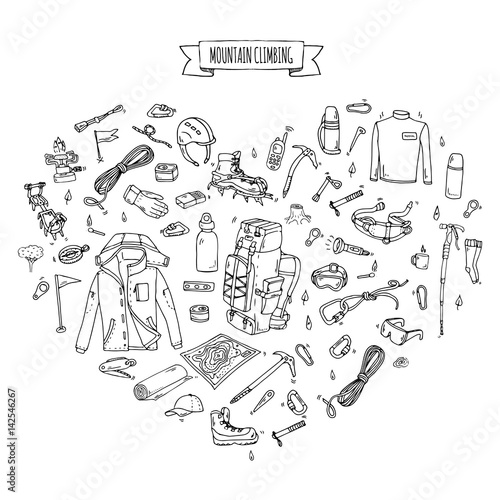Hand drawn doodle Mountain Climbing icons set. Vector illustration. Mountaineering equipment collection. Cartoon sketch elements for trekking, hiking, tourism, expedition, camping, outdoor recreation.