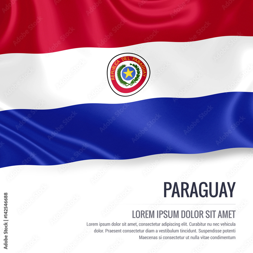 Silky flag of Paraguay waving on an isolated white background with the white text area for your advert message. 3D rendering.