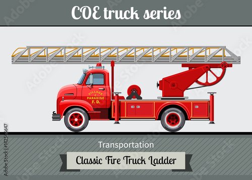 Classic COE (cab over engine) fire truck ladder side view. Vector clipart illustration