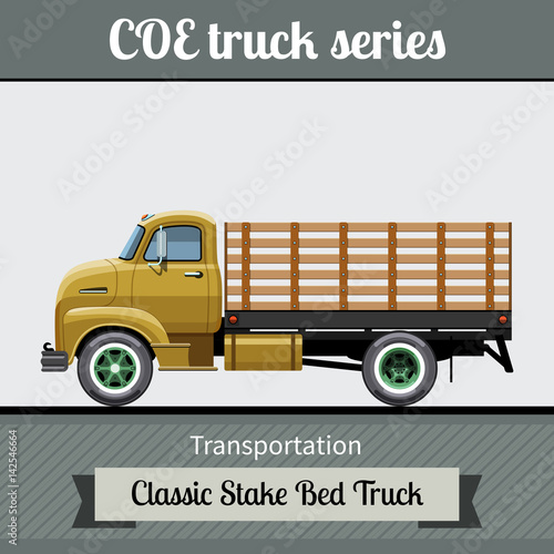 Classic COE (cab over engine) stake bed truck side view. Vector illustration clipart