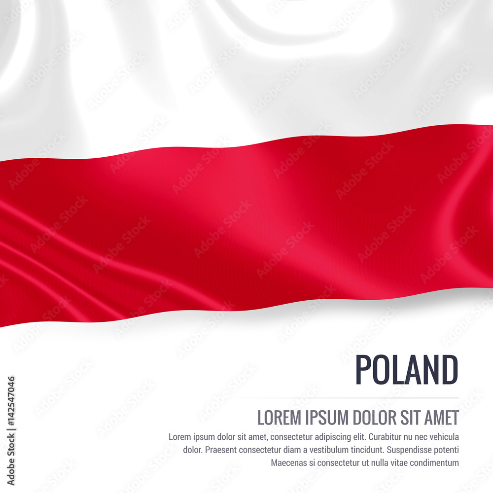 Naklejka premium Jedwabista flaga Polski powiewająca na białym tle z białym polem tekstowym dla Twojej wiadomości reklamowej. Renderowanie 3D.