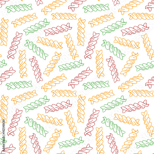 Vector hand drawn pasta Fusilli. Seamless pattern of Fusilli tricolore. White background