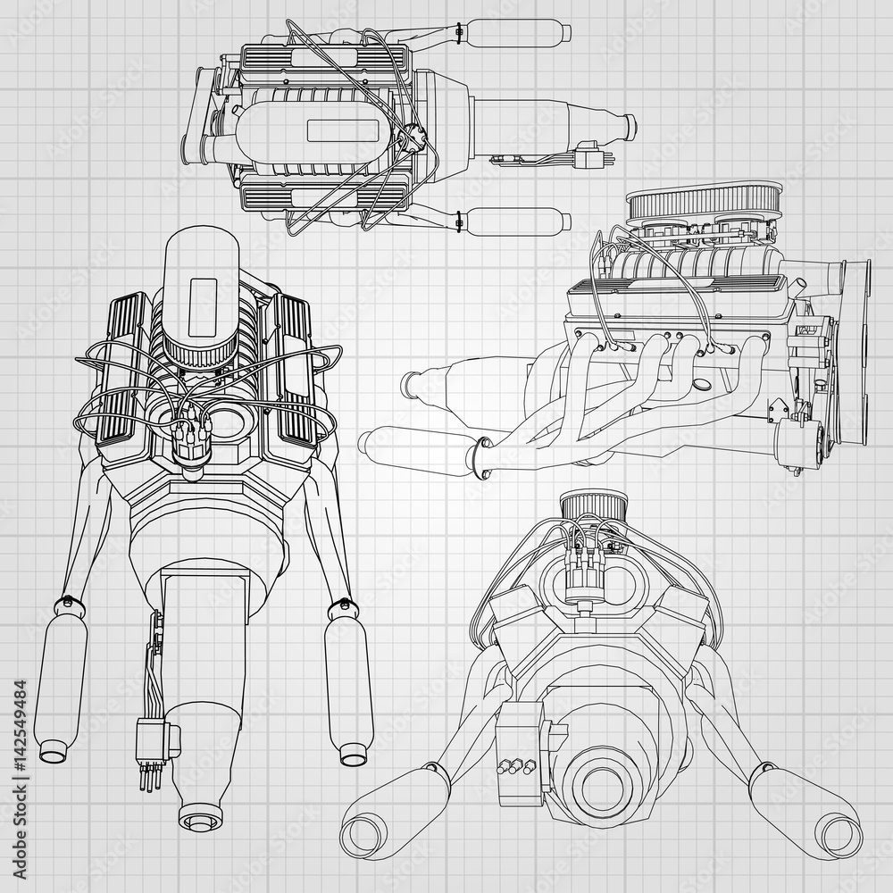 Vecteur Stock A set of several types of powerful car engine. The engine ...