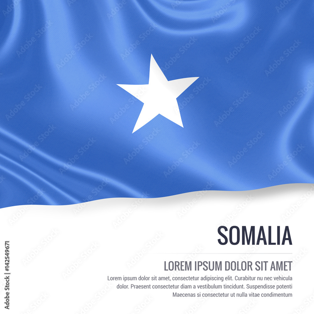 Silky flag of Somalia waving on an isolated white background with the white text area for your advert message. 3D rendering.