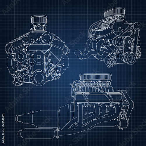 A set of several types of powerful car engine. The engine is drawn with white lines on a dark blue sheet in a cage