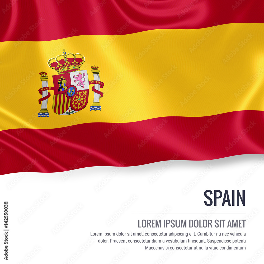 Silky flag of Spain waving on an isolated white background with the white text area for your advert message. 3D rendering.